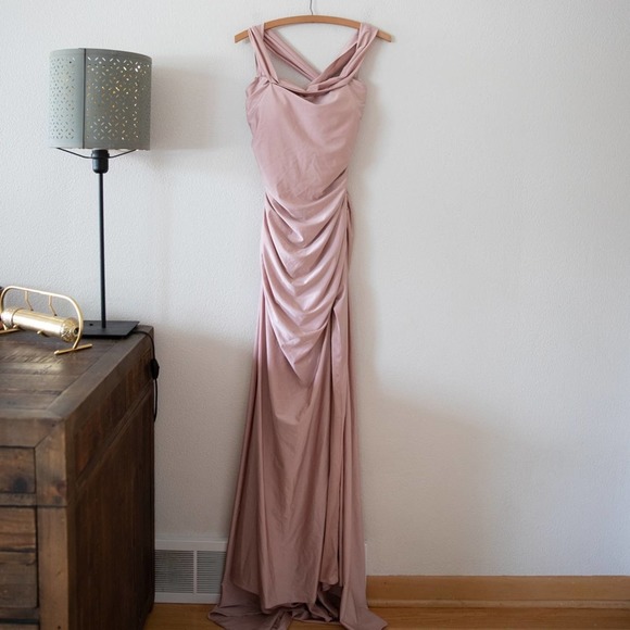 La Femme Off the Shoulder Satin Strappy Back Trumpet Gown in Mauve - Picture 2 of 5